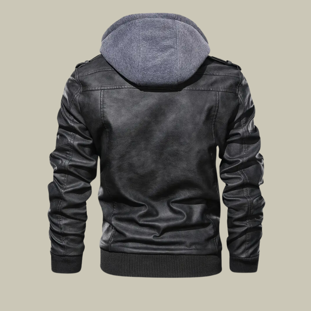 Men’s Leather Hoodie Jacket – Full Zip – Structured Fit – Ribbed Waist – Epaulettes