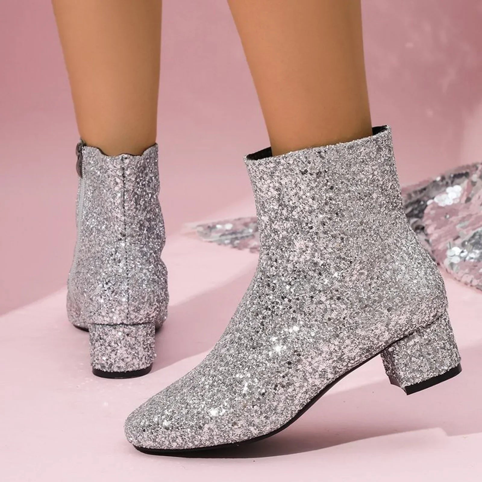 Glitter Ankle Boots for Women with Block Heel – Spring 2025 Collection
