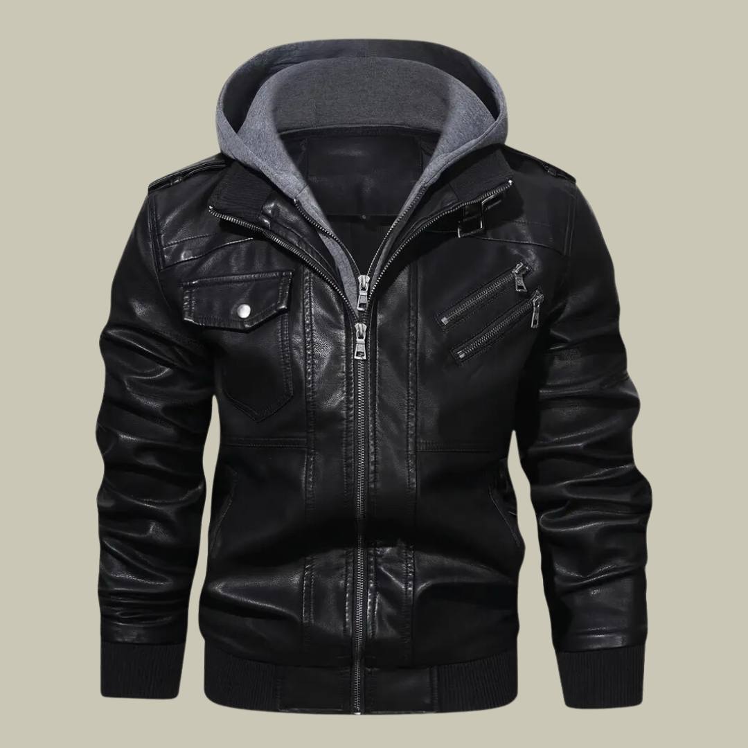 Men’s Leather Hoodie Jacket – Full Zip – Structured Fit – Ribbed Waist – Epaulettes