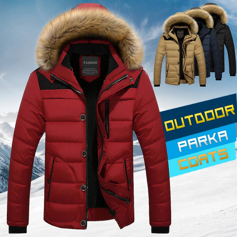 Men’s Parka Jacket – Detachable Fur Hood – Quilted Insulated – Water-Resistant