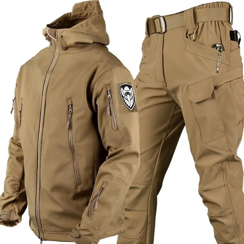 Men’s Two-Piece Set Outdoor Suit – Windproof Softshell Jacket and Pants – Utility Pockets – Regular Fit