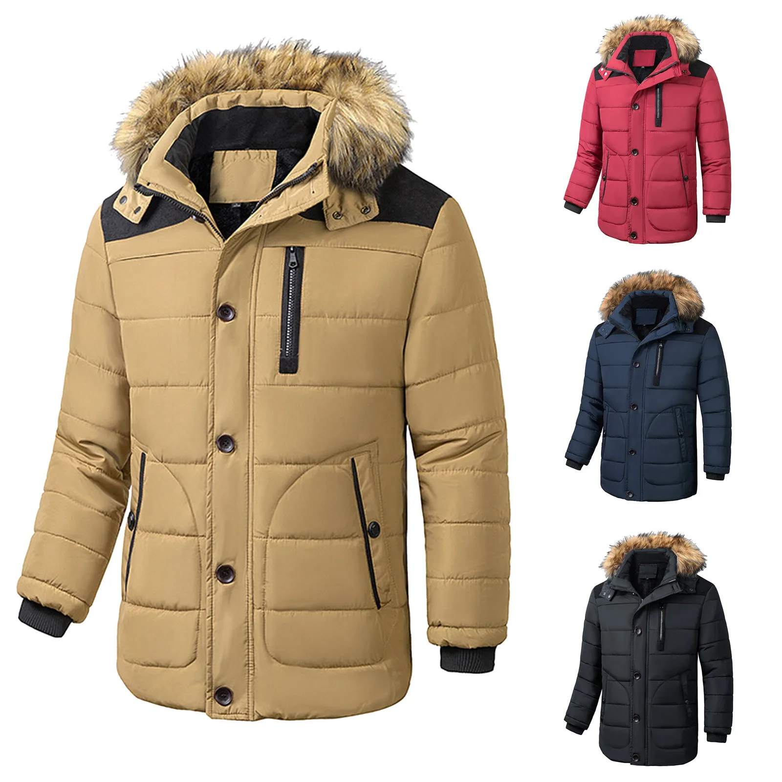 Men’s Parka Jacket – Water-Resistant Mid-Length – Faux Fur Hood – Zip Fastening