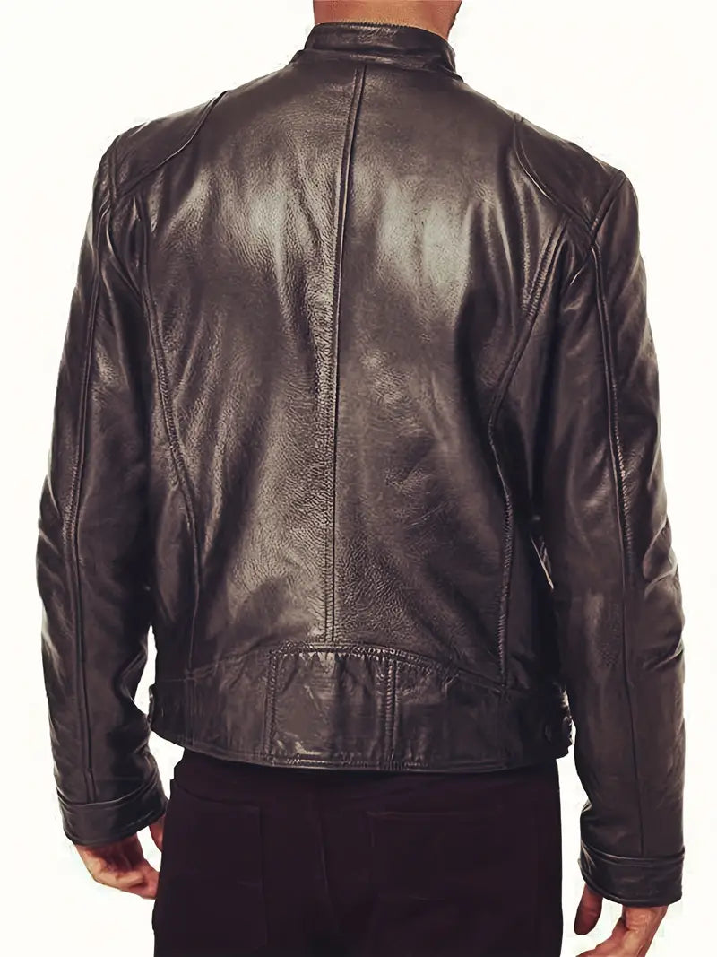 Men's Leather Jacket - Fitted Design - Stand Collar - Zip Closure - Stylish & Durable