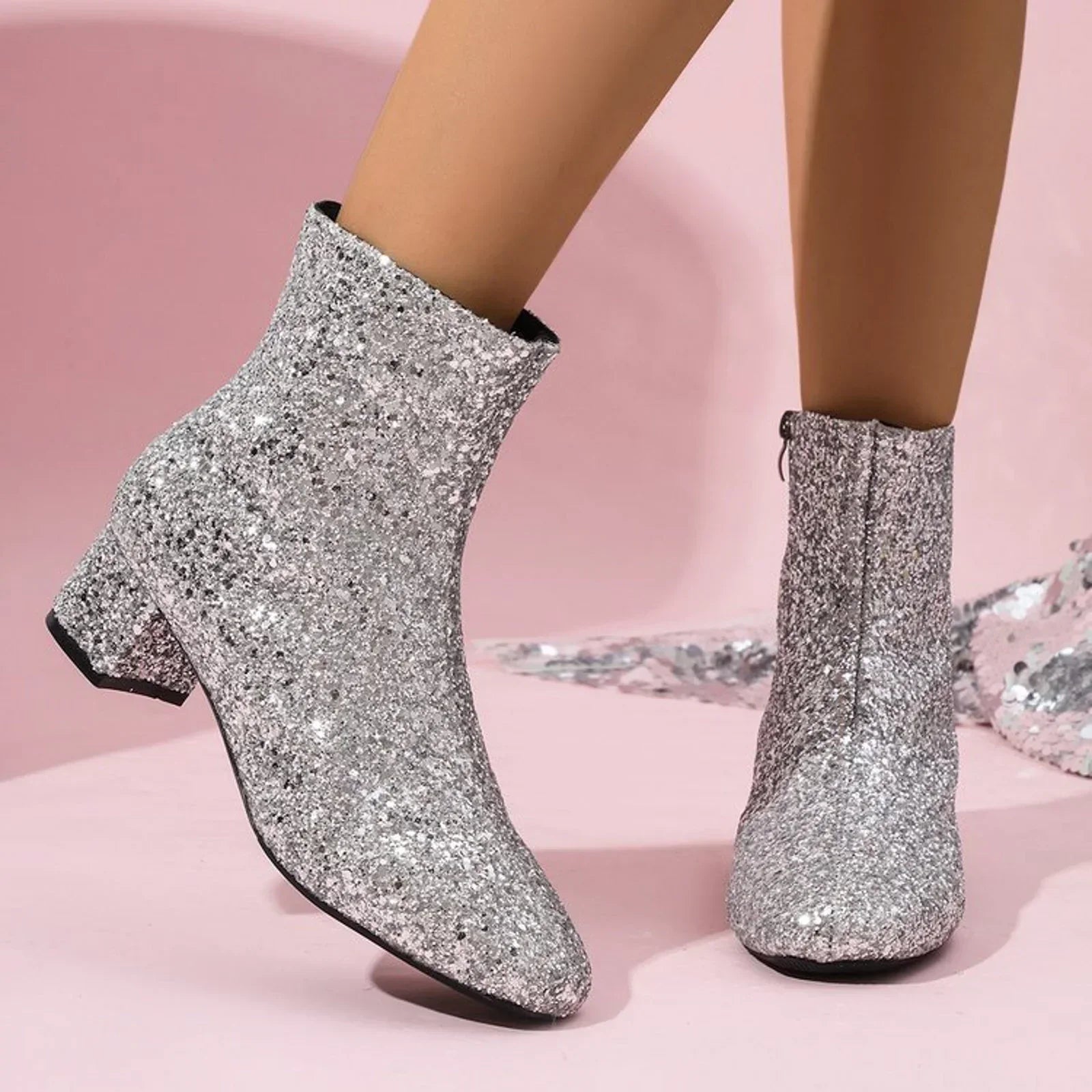 Glitter Ankle Boots for Women with Block Heel – Spring 2025 Collection