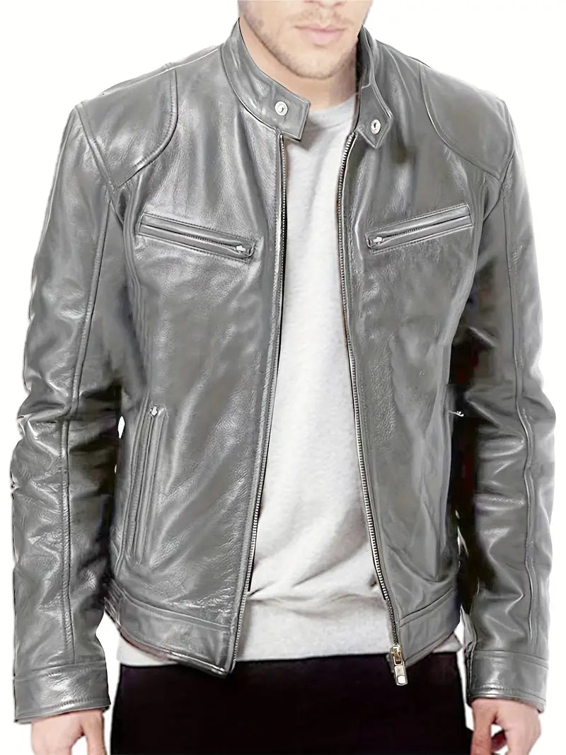 Men's Leather Jacket - Fitted Design - Stand Collar - Zip Closure - Stylish & Durable