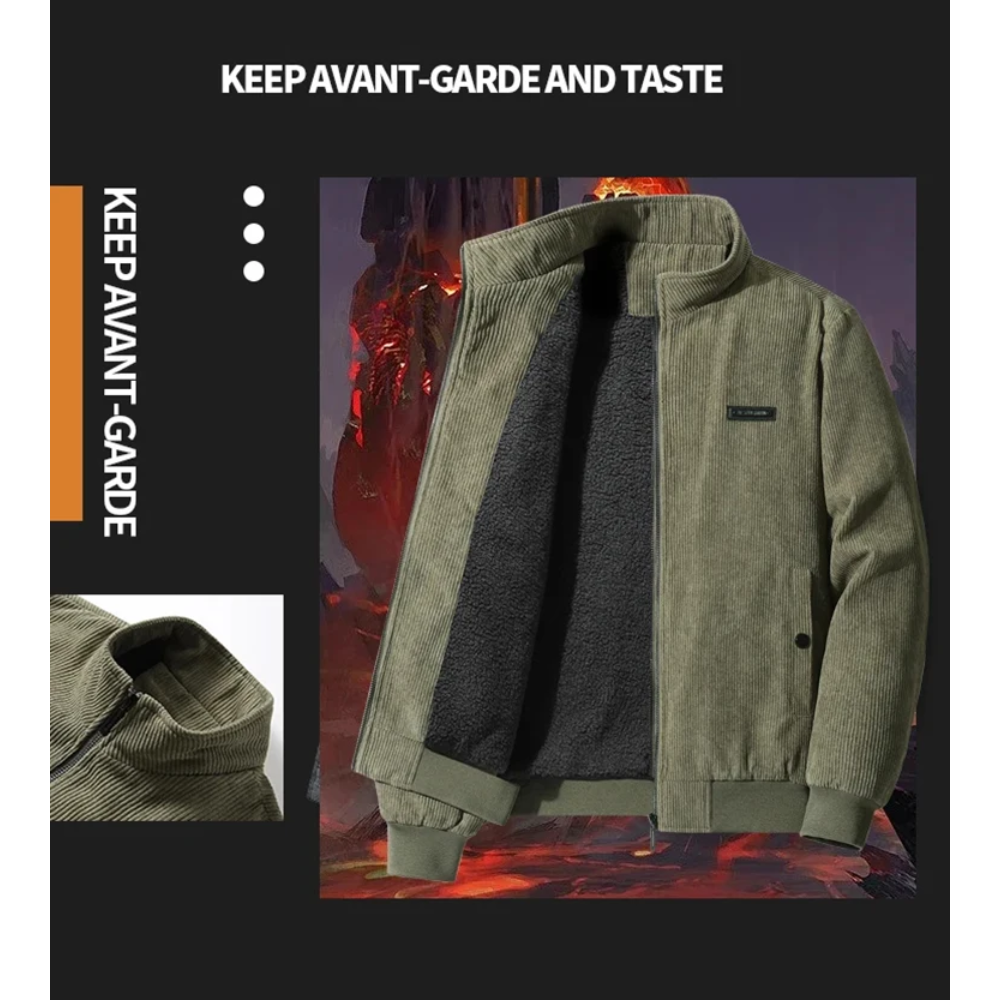 Men’s Quilted Casual Jacket – Relaxed Fit – Corduroy Texture – Zip Front – Stand Collar