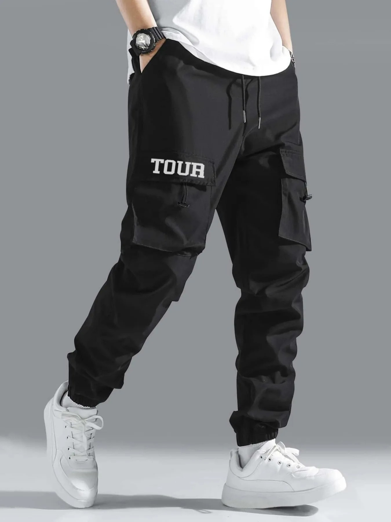 Men’s Cargo Jogger Trousers – Relaxed Fit – Drawstring Waist – Ribbed Cuffs – Multi-Pocket