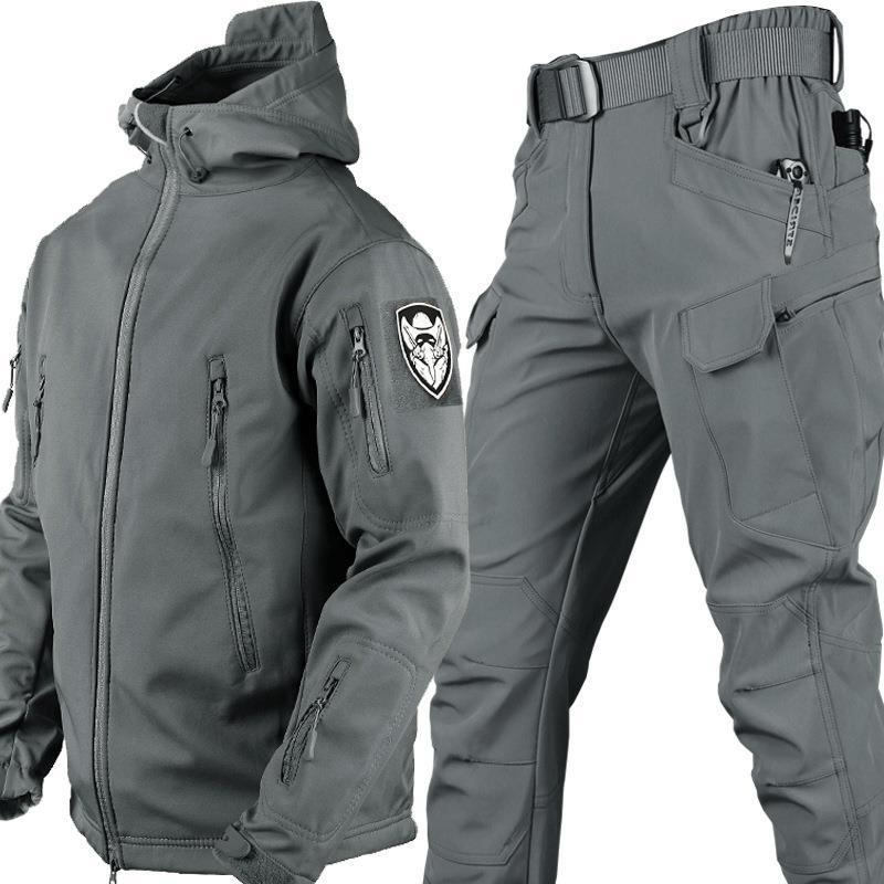 Men’s Two-Piece Set Outdoor Suit – Windproof Softshell Jacket and Pants – Utility Pockets – Regular Fit