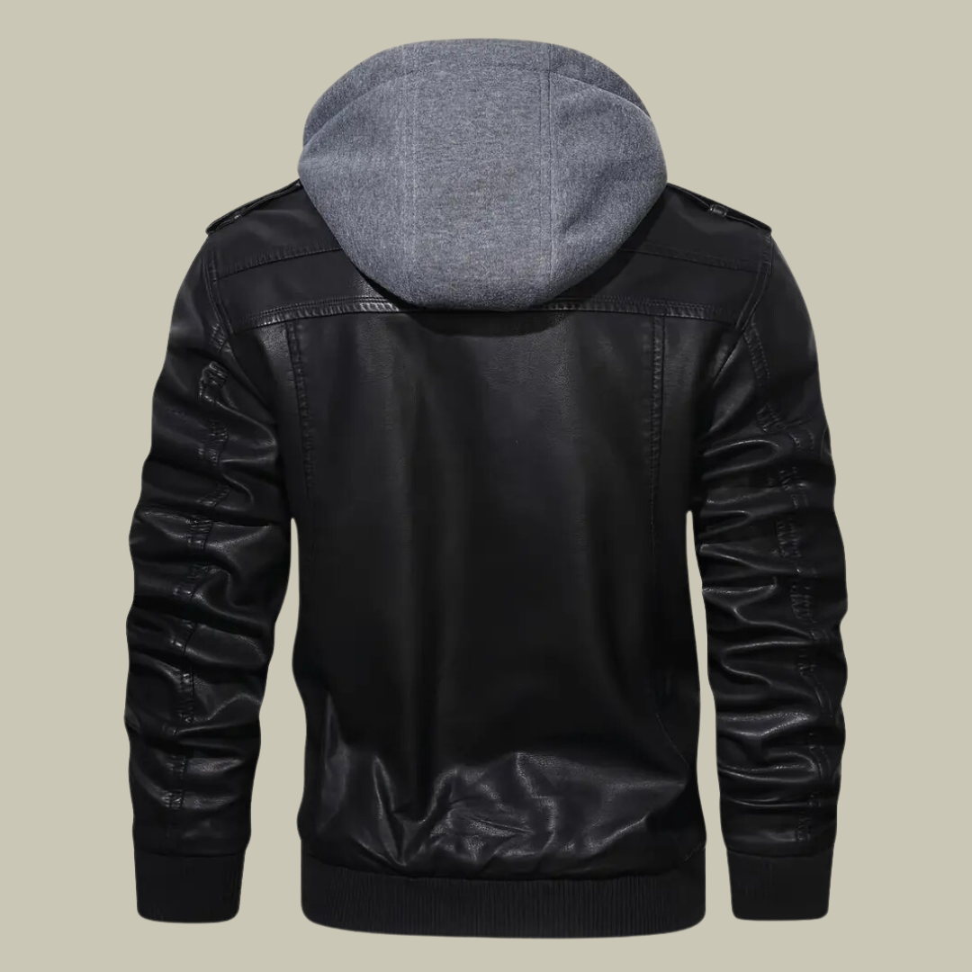 Men’s Leather Hoodie Jacket – Full Zip – Structured Fit – Ribbed Waist – Epaulettes