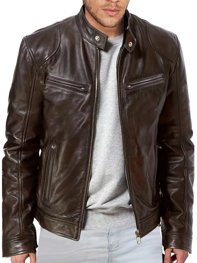 Men's Leather Jacket - Fitted Design - Stand Collar - Zip Closure - Stylish & Durable