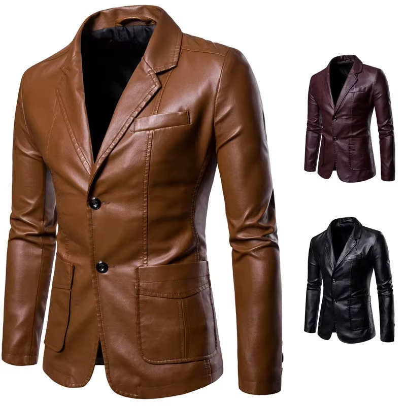 Men's Slim Fit Leather Jacket - Formal Two-Button Design, Stylish & Timeless