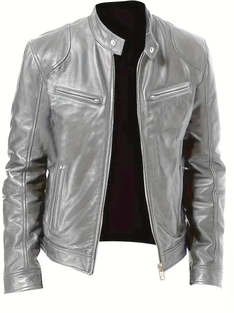 Men's Leather Jacket - Fitted Design - Stand Collar - Zip Closure - Stylish & Durable