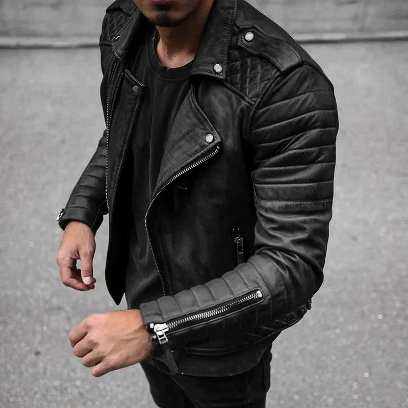 Men’s Biker Leather Jacket – Asymmetrical Zip – Quilted Shoulders – Zippered Cuffs