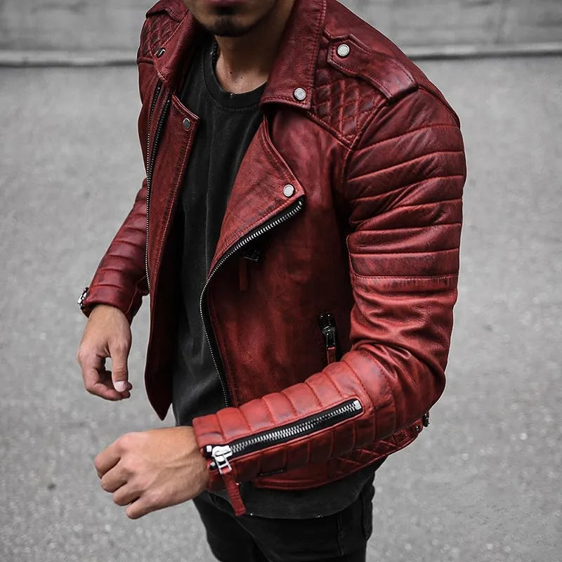 Men’s Biker Leather Jacket – Asymmetrical Zip – Quilted Shoulders – Zippered Cuffs