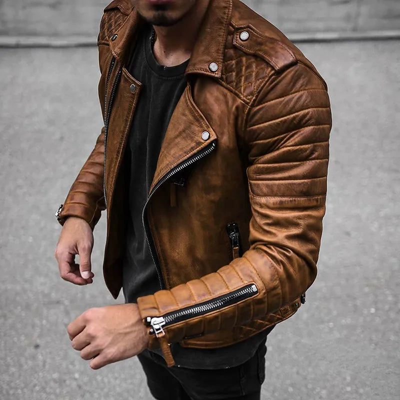 Men’s Biker Leather Jacket – Asymmetrical Zip – Quilted Shoulders – Zippered Cuffs