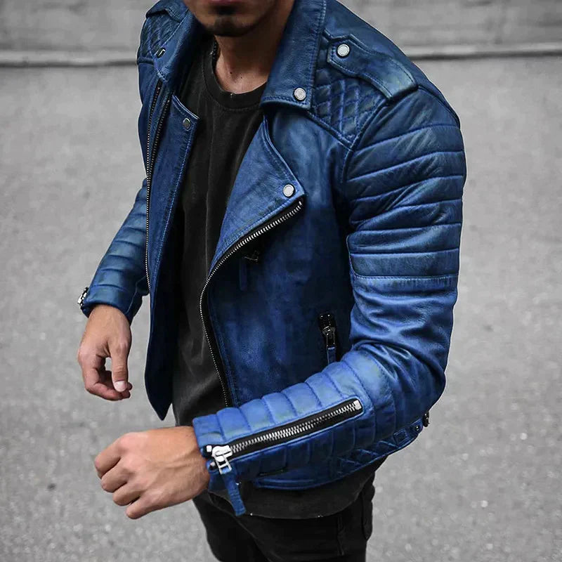 Men’s Biker Leather Jacket – Asymmetrical Zip – Quilted Shoulders – Zippered Cuffs