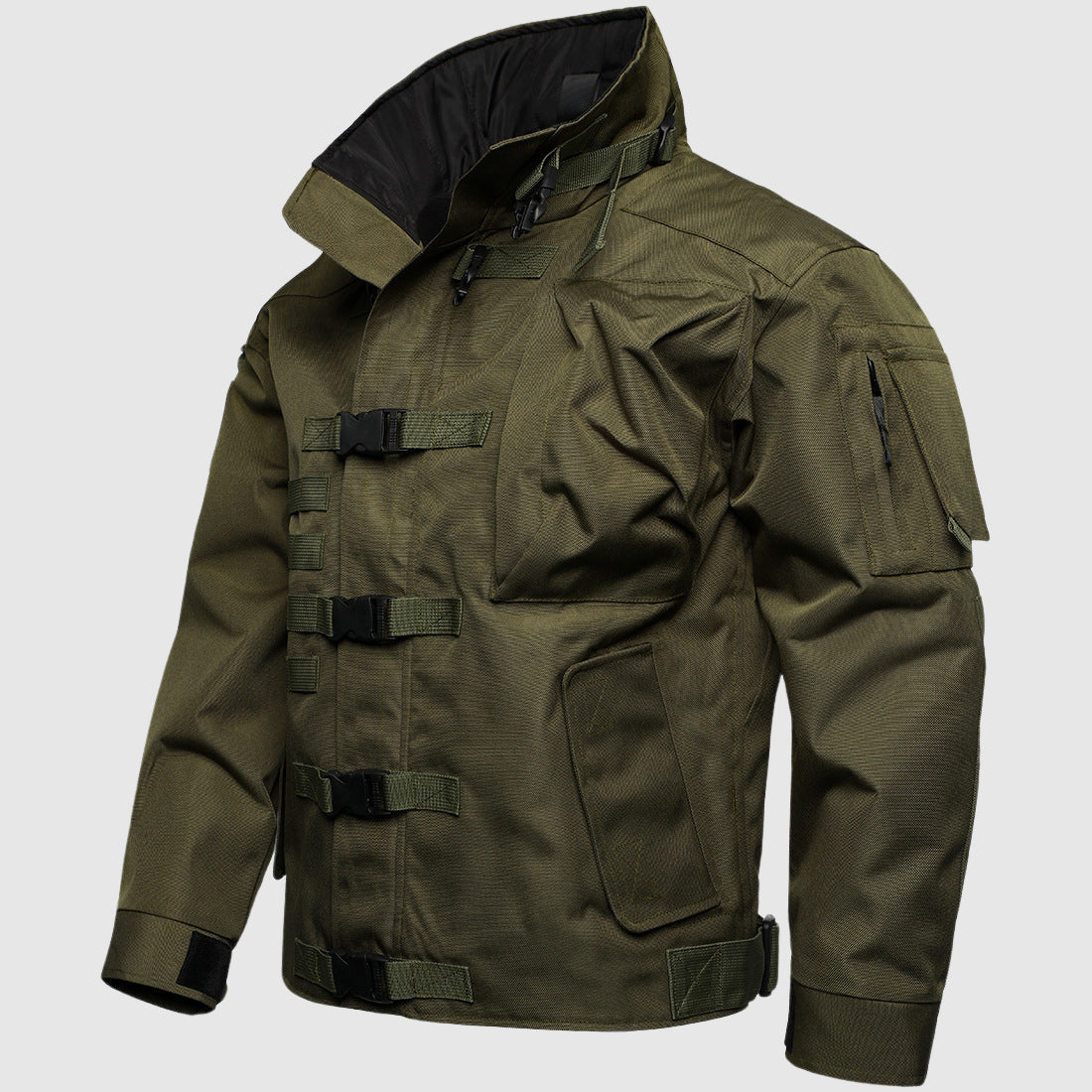Men’s Outdoor Jacket – Tactical Fit – Buckle Front – Multiple Utility Pockets