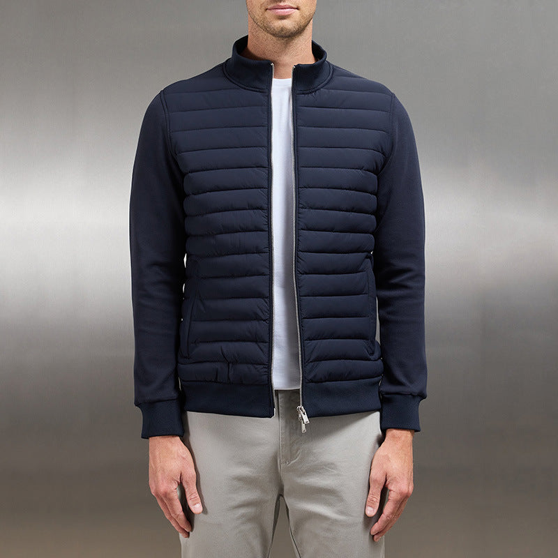 Men’s Hybrid Jacket – Quilted Insulated Body – Knit Sleeves – Slim Fit – Stand Collar