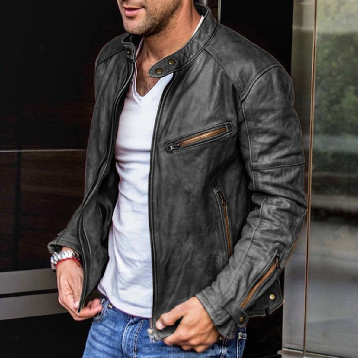 Men’s Leather Biker Jacket - Fitted Cut - Snap Collar - Multiple Zipper Pockets