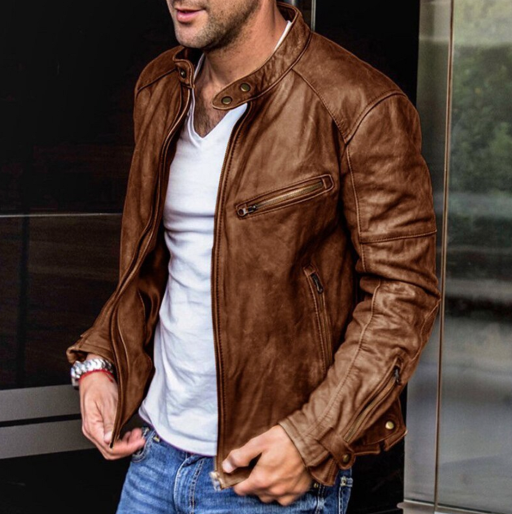 Men’s Leather Biker Jacket - Fitted Cut - Snap Collar - Multiple Zipper Pockets
