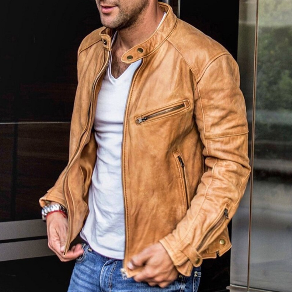 Men’s Leather Biker Jacket - Fitted Cut - Snap Collar - Multiple Zipper Pockets