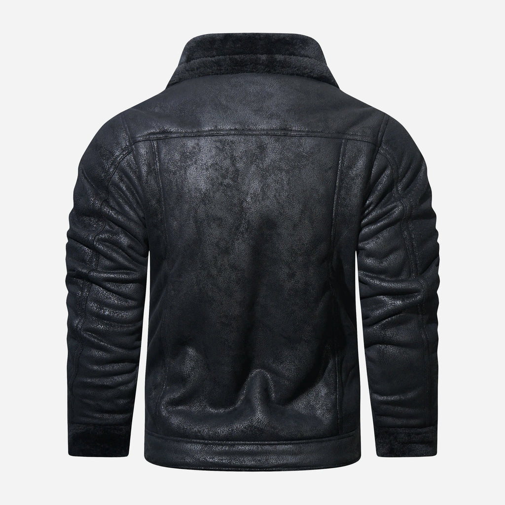 Men’s Leather Jacket - Shearling Lined - High Collar - Button Closure - Tailored Fit