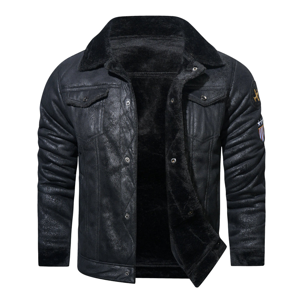 Men’s Leather Jacket - Shearling Lined - High Collar - Button Closure - Tailored Fit