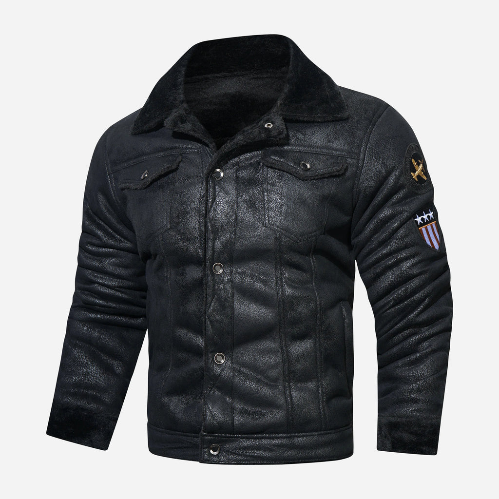 Men’s Leather Jacket - Shearling Lined - High Collar - Button Closure - Tailored Fit