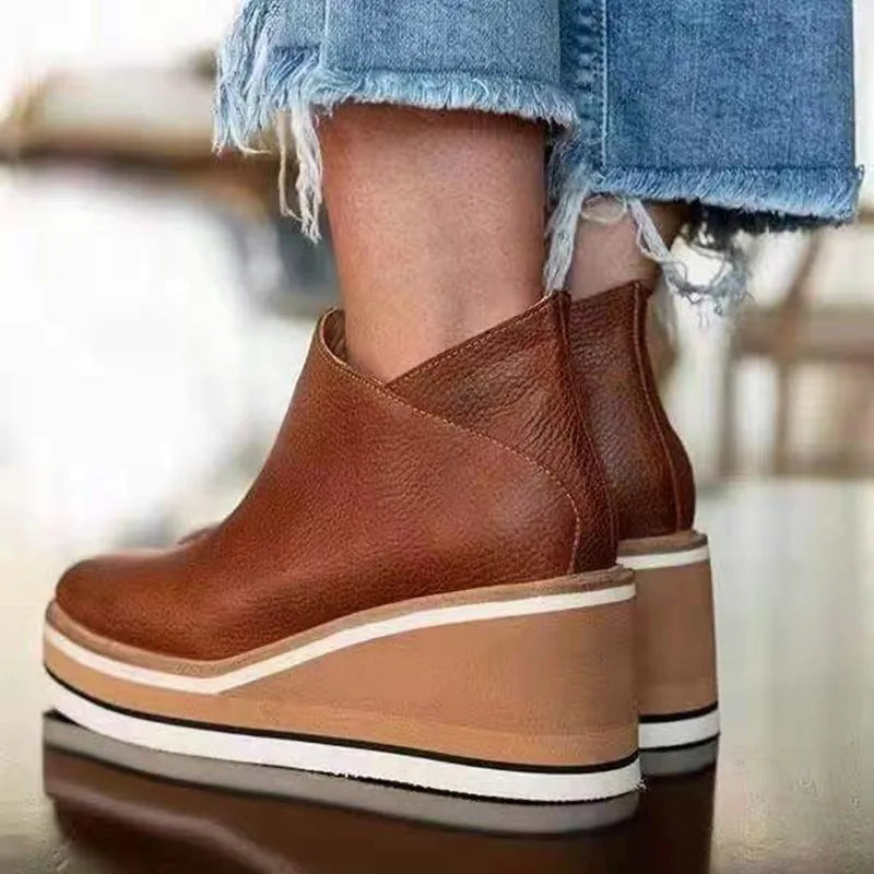 Women’s Ankle Boots – Leather Look – Slip-On – Elastic Panel – Chunky Platform Sole