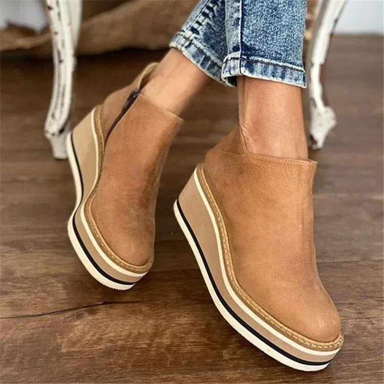 Women’s Ankle Boots – Leather Look – Slip-On – Elastic Panel – Chunky Platform Sole