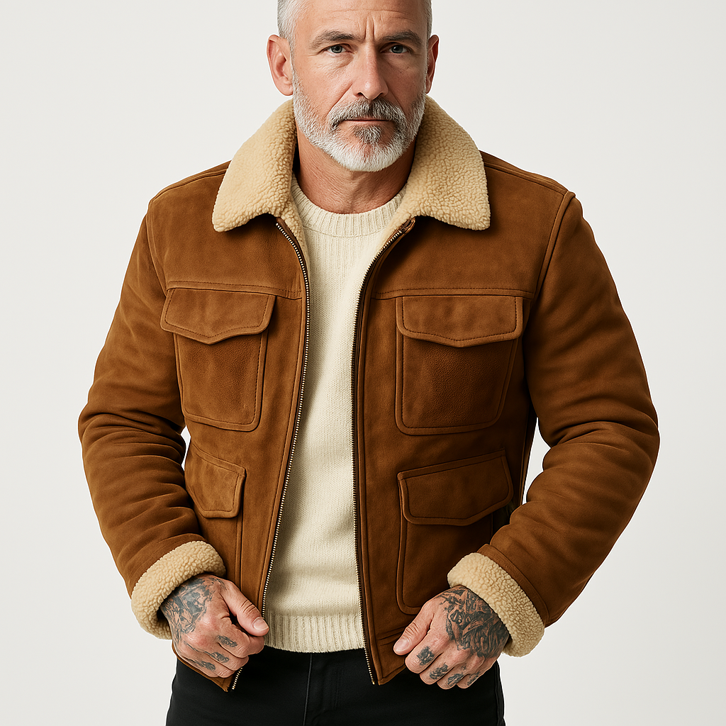 Men’s Shearling Jacket –  Structured Fit – Flap Pockets – Zip Front