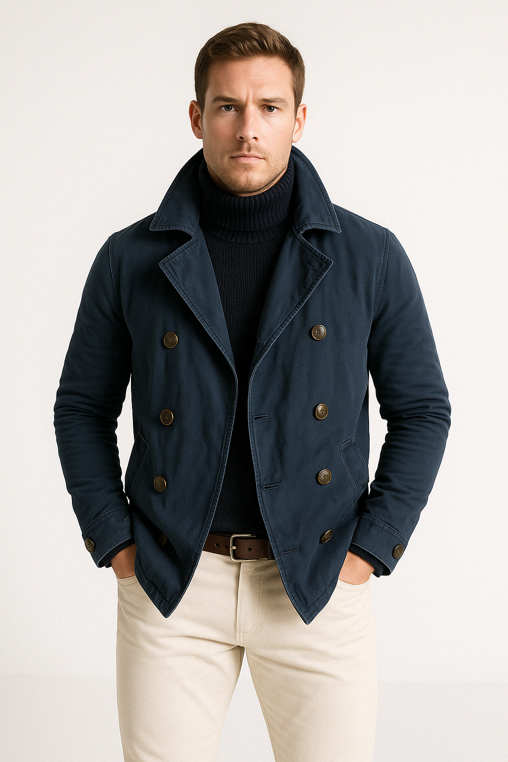 Men’s Double-Breasted Jacket –  Structured Fit – High Collar – Side Pockets