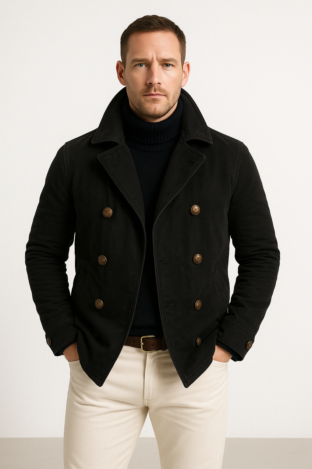 Men’s Double-Breasted Jacket –  Structured Fit – High Collar – Side Pockets