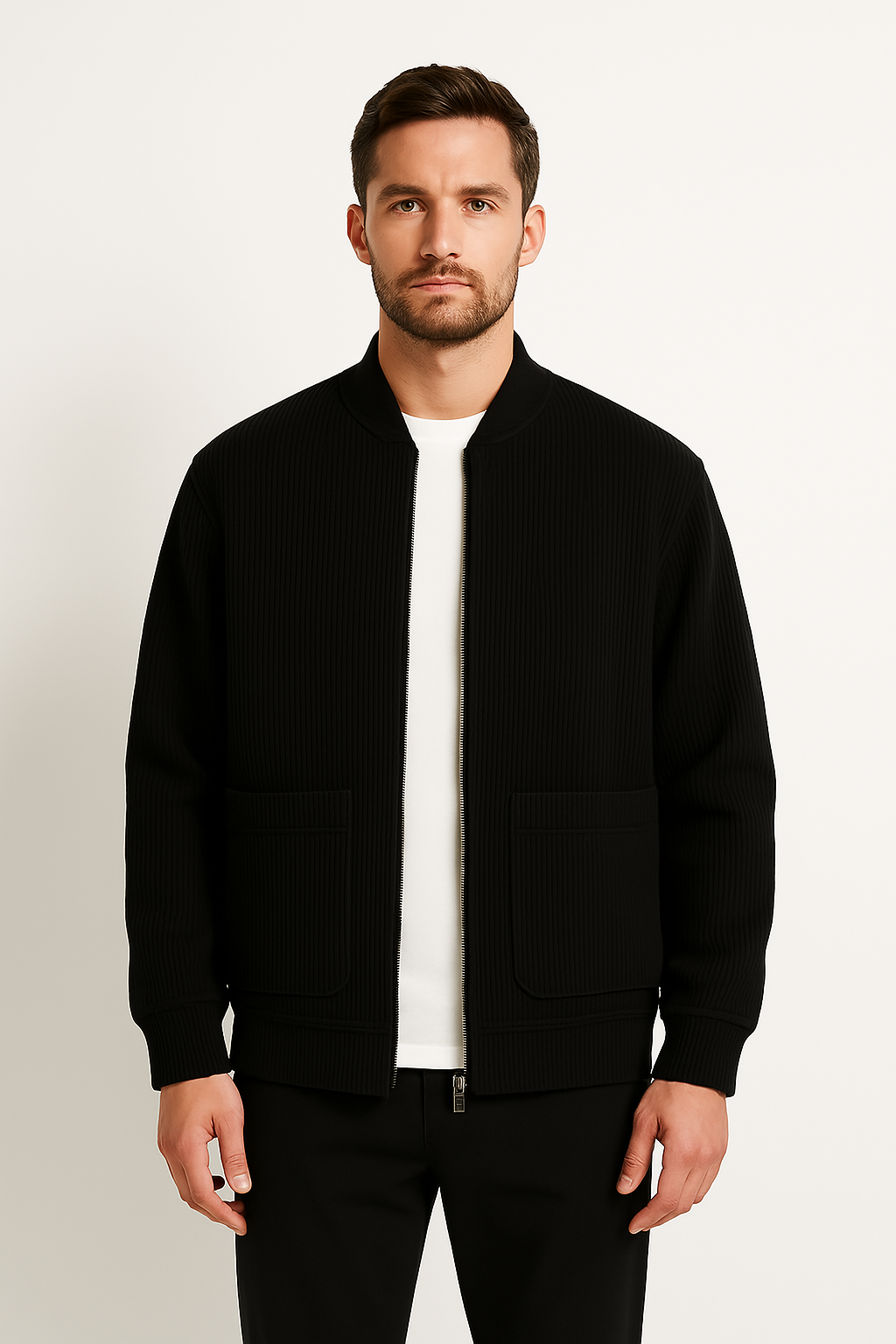 Men’s Corduroy Jacket – Relaxed Fit – V-Neck Zip Front – Ribbed Texture – Hip Length
