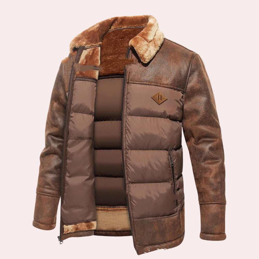 Men’s Jacket – Quilted Front – Faux Leather Sleeves – Plush Lined – Regular Fit