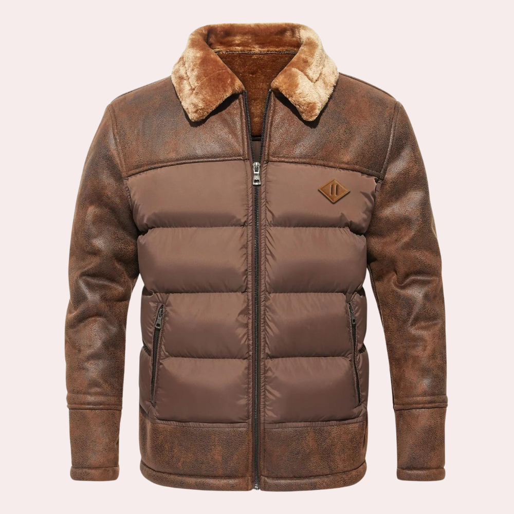 Men’s Jacket – Quilted Front – Faux Leather Sleeves – Plush Lined – Regular Fit