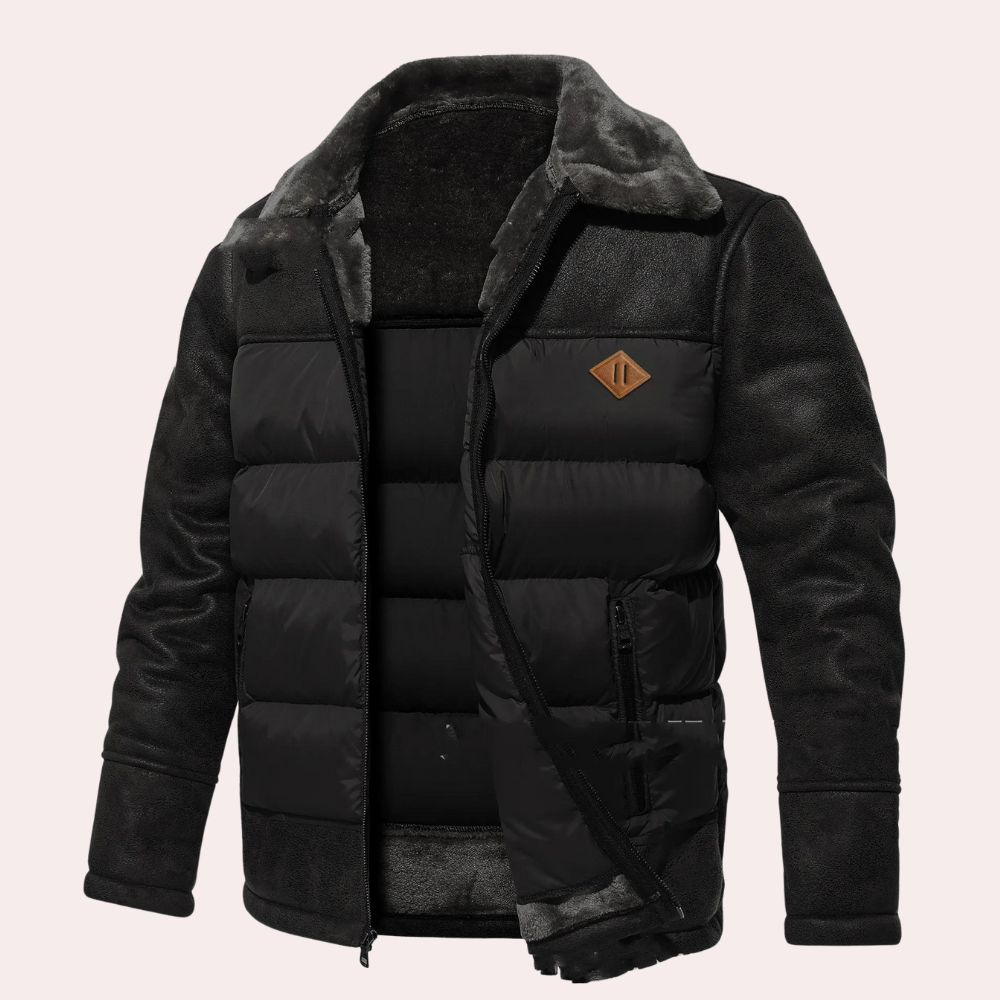Men’s Jacket – Quilted Front – Faux Leather Sleeves – Plush Lined – Regular Fit
