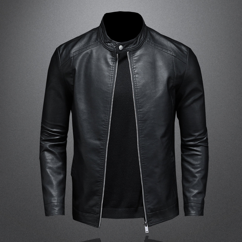 Men’s Leather Jacket – Slim Fit – Band Collar – Zip Closure – Stylish Casual Wear
