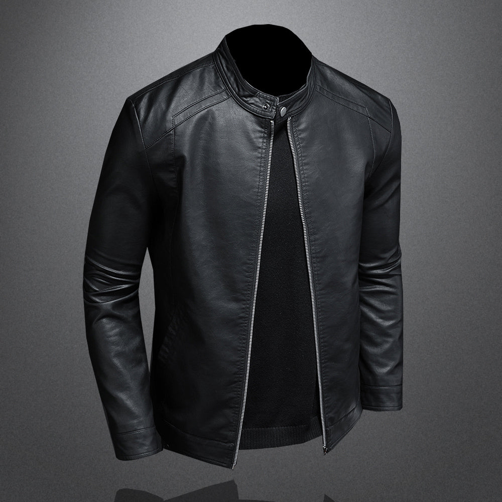 Men’s Leather Jacket – Slim Fit – Band Collar – Zip Closure – Stylish Casual Wear