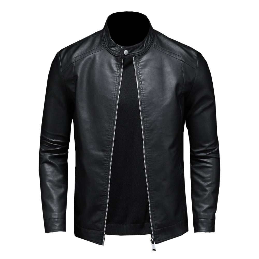Men’s Leather Jacket – Slim Fit – Band Collar – Zip Closure – Stylish Casual Wear