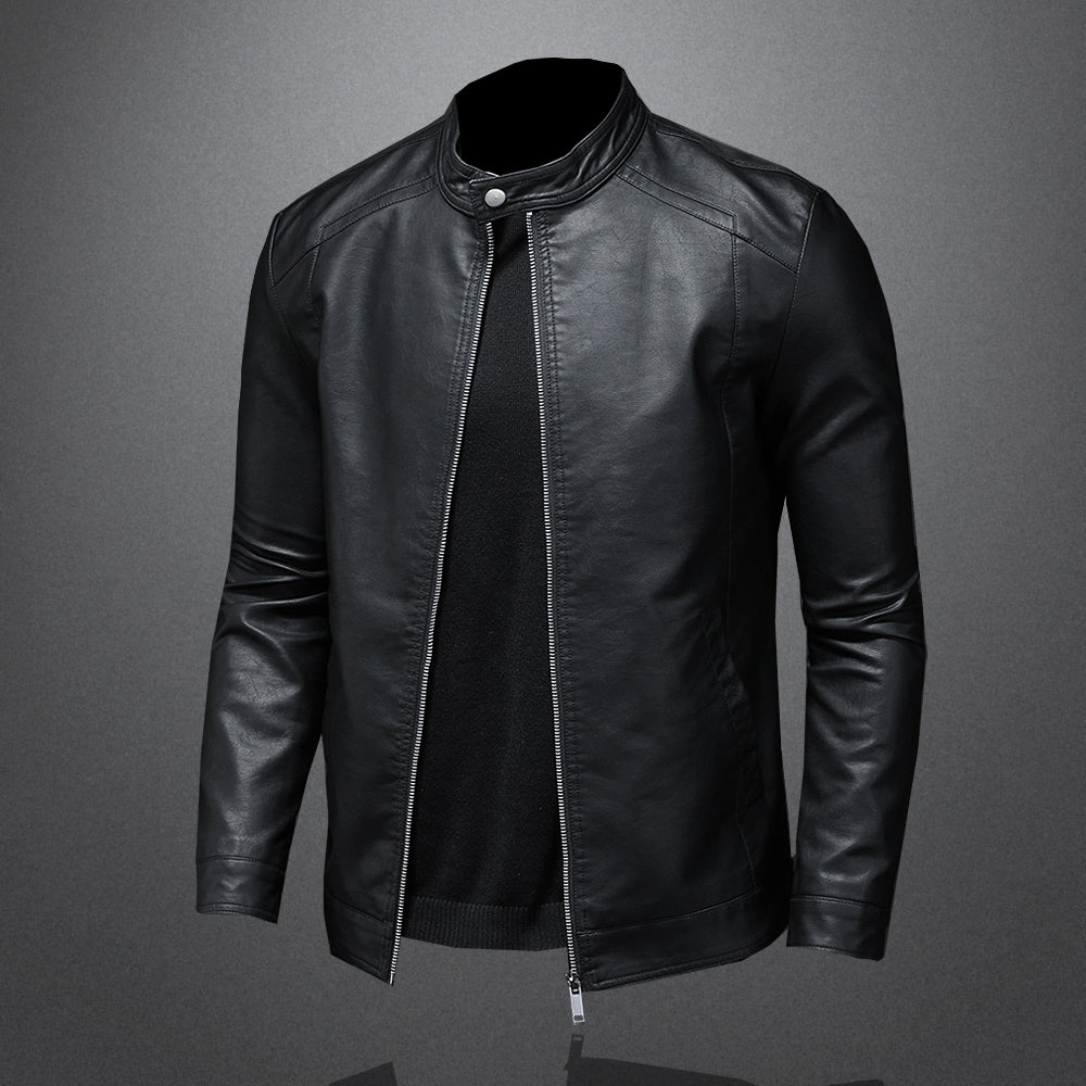 Men’s Leather Jacket – Slim Fit – Band Collar – Zip Closure – Stylish Casual Wear