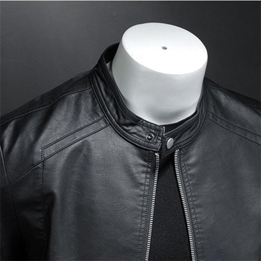 Men’s Leather Jacket – Slim Fit – Band Collar – Zip Closure – Stylish Casual Wear