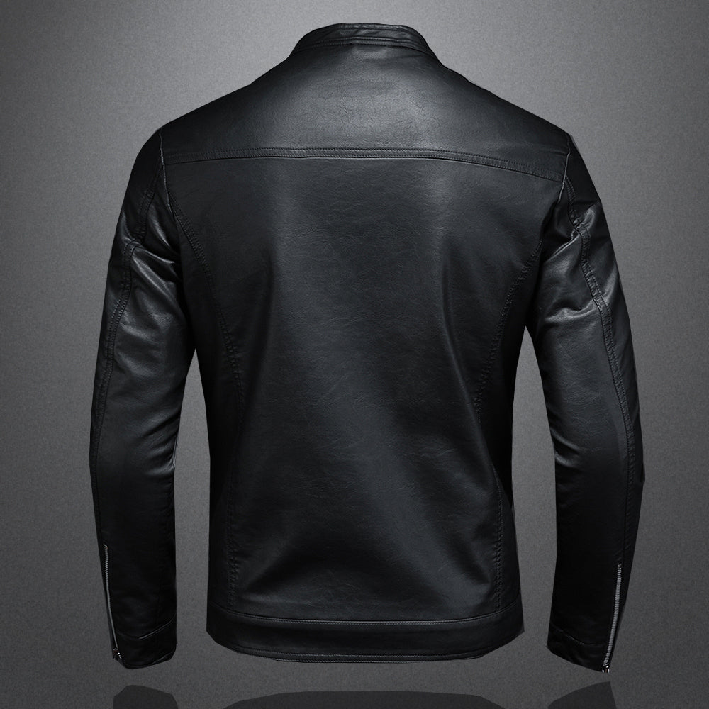 Men’s Leather Jacket – Slim Fit – Band Collar – Zip Closure – Stylish Casual Wear
