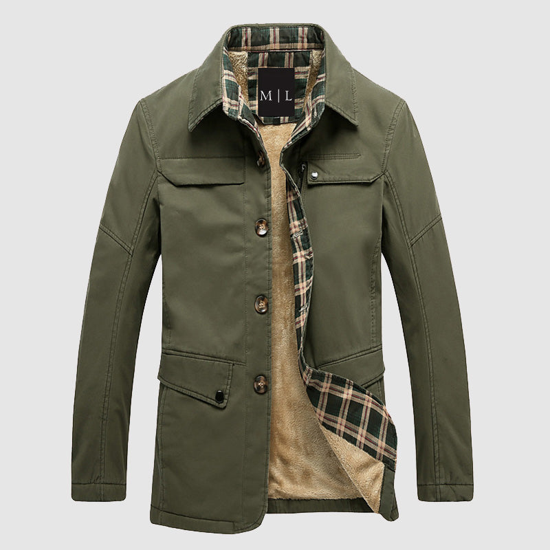 Men’s Jacket – Regular Fit – Fleece Lined – Button Front – Flap Pockets – Mid Length