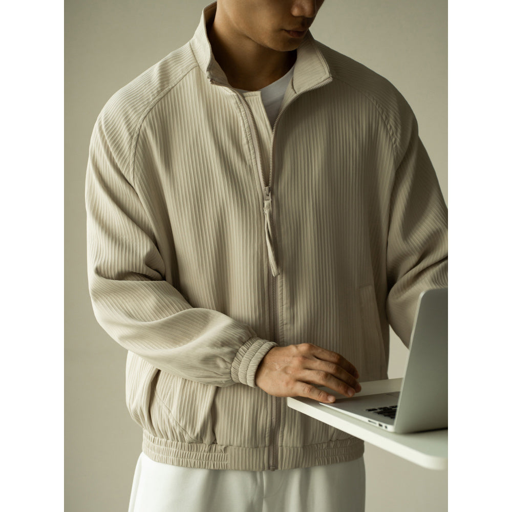 Men’s Jacket – Relaxed Fit – Ribbed Texture – Stand Collar – Zip Front – Side Pockets