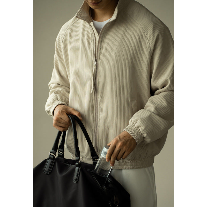 Men’s Jacket – Relaxed Fit – Ribbed Texture – Stand Collar – Zip Front – Side Pockets