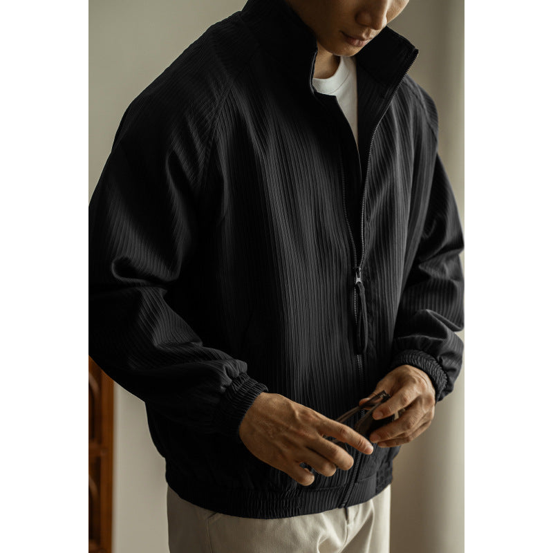 Men’s Jacket – Relaxed Fit – Ribbed Texture – Stand Collar – Zip Front – Side Pockets