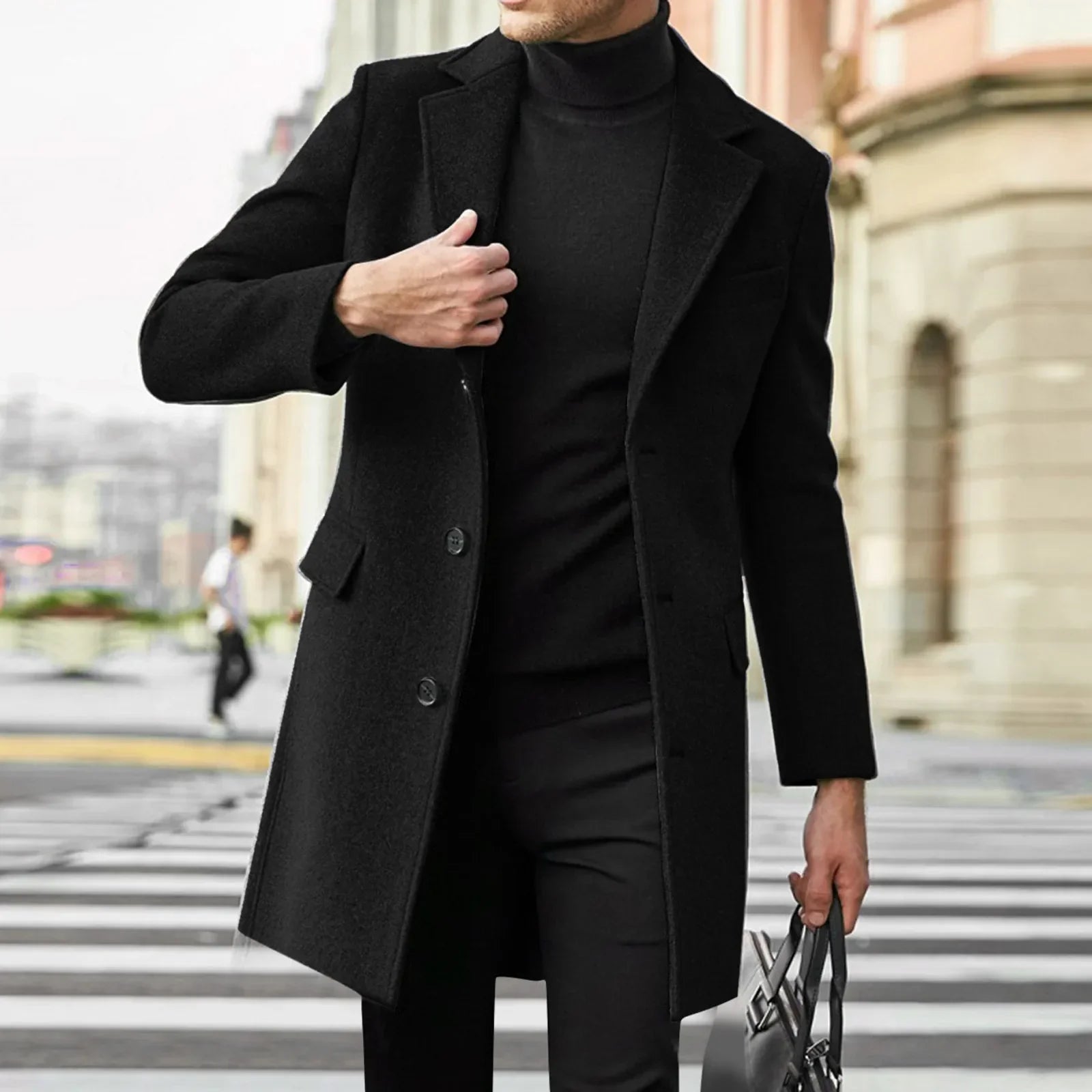 Men's Overcoat - Wool Blend - Slim Fit - Mid-Length Button-Up Classic Style