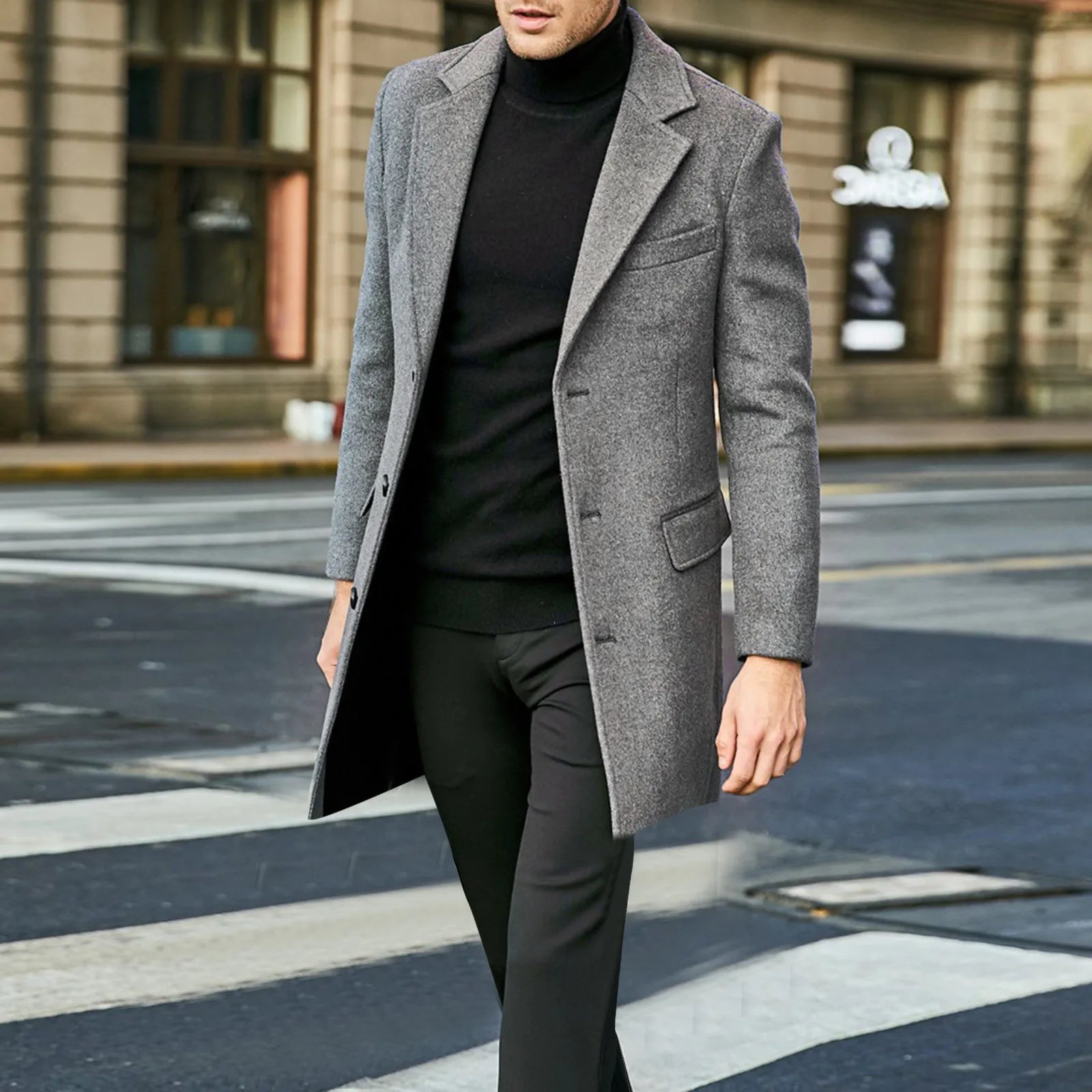 Men's Overcoat - Wool Blend - Slim Fit - Mid-Length Button-Up Classic Style