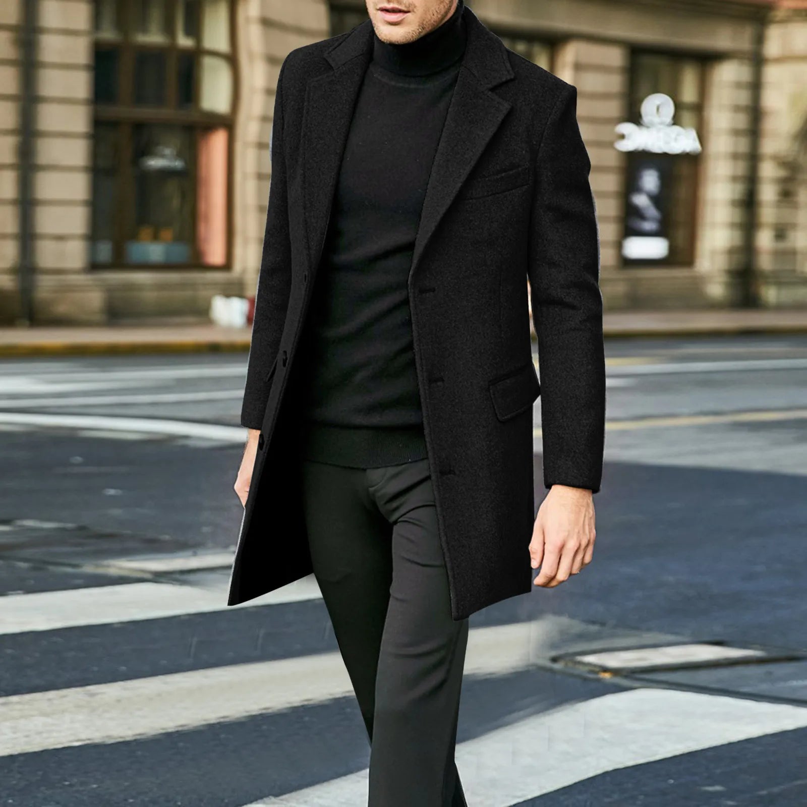Men's Overcoat - Wool Blend - Slim Fit - Mid-Length Button-Up Classic Style